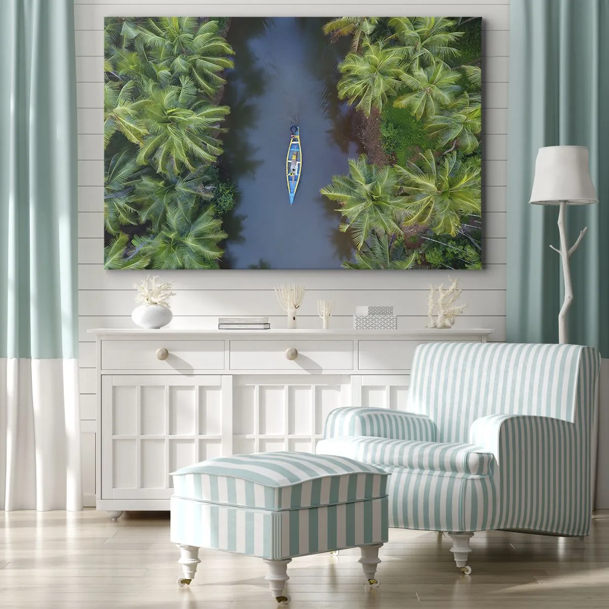 Obraz na płótnie - Na tropikalnym szlaku - Łódź na rzece otoczonej palmami z lotu ptaka - 70x50cm