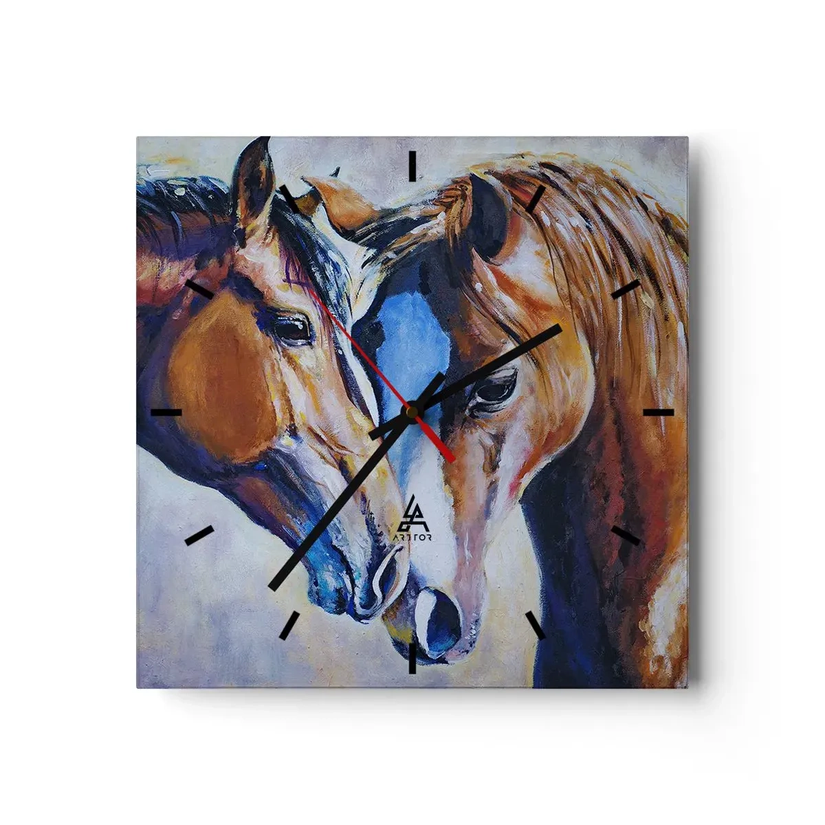 Zegar ścienny - Malarskie przedstawienie dwóch koni w przyjacielskiej scenerii - 30x30cm - Czy to jest przyjaźń? czy to jest kochanie? - Nowoczesna dekoracja ścienna do salonu i sypialni ARTTOR