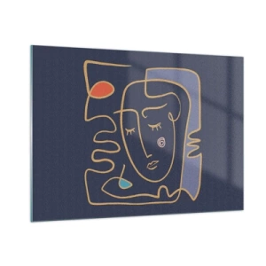 Obraz na szkle - Abstrakcyjna twarz w konturach na granatowym tle - 100x70cm - W zamyśleniu - Nowoczesna dekoracja ścienna do salonu, kuchni i sypialni ARTTOR