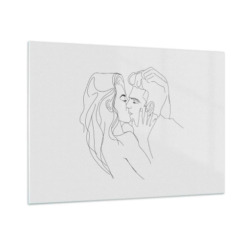 Obraz na szkle - Minimalistyczny rysunek pary w romantycznym pocałunku - 100x70cm - Tą samą kreską - Nowoczesna dekoracja ścienna do salonu, kuchni i sypialni ARTTOR