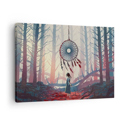 Obraz na płótnie - Leśna scena z wielkim łapaczem snów - 70x50cm - Tajemny rytuał szczęścia - Nowoczesna dekoracja ścienna do salonu i sypialni ARTTOR