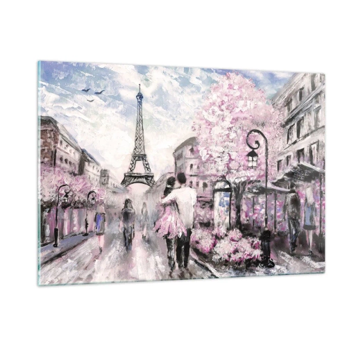Obraz na szkle - Romantyczna para w Paryżu z Wieżą Eiffla w tle - 120x80cm - Jak zakochac się, to tylko w… - Nowoczesna dekoracja ścienna do salonu, kuchni i sypialni ARTTOR