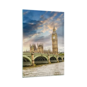 Obraz na szkle - Big Ben i Westminster Bridge na tle nieba o zmierzchu - 70x100cm - Czas stanął w Imperium - Nowoczesna dekoracja ścienna do salonu i sypialni ARTTOR