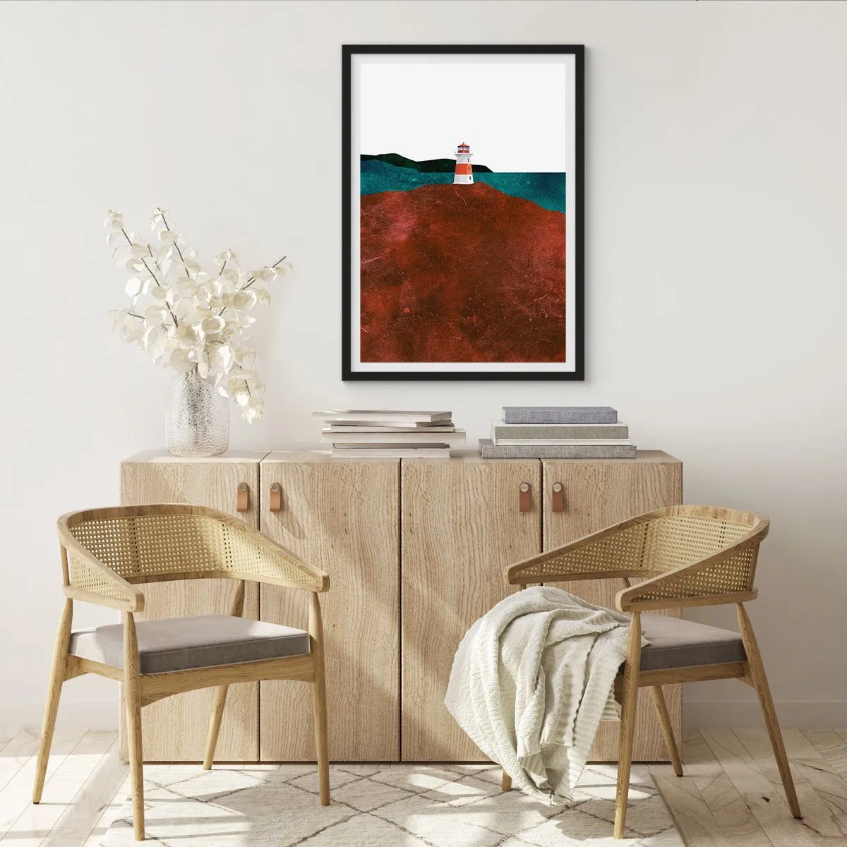 Plakat w czarnej ramie - Minimalistyczny pejzaż z latarnią morską na wzgórzu - 50x70cm - Wpatrzona w morze - Nowoczesna dekoracja ścienna do salonu i sypialni ARTTOR