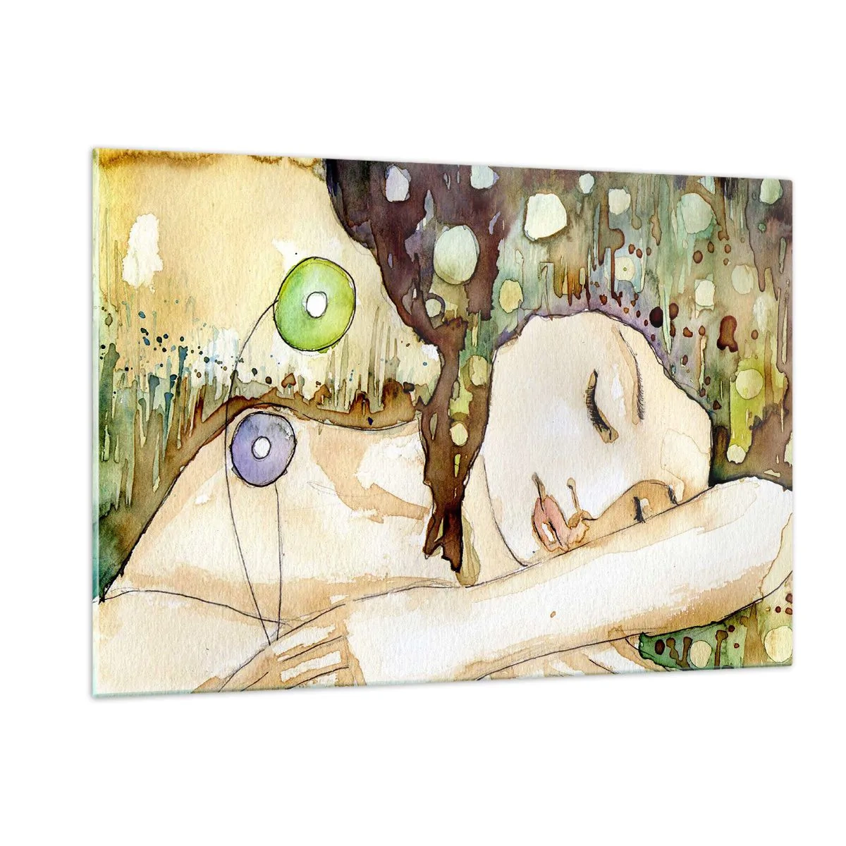 Obraz na szkle - Śpiąca kobieta w artystycznej akwareli w ciepłych barwach - 120x80cm - Szmaragdowo-fiołkowy sen - Nowoczesna dekoracja ścienna do salonu, kuchni i sypialni ARTTOR