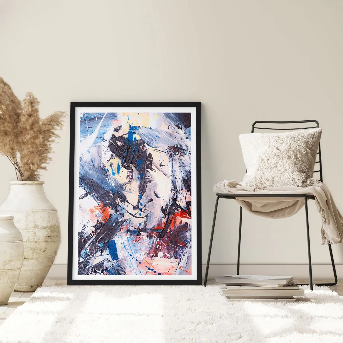 Plakat w czarnej ramie - Abstrakcyjna kompozycja w odcieniach niebieskiego i pomarańczowego - 50x70cm - Szalony taniec abstrakcji - Nowoczesna dekoracja ścienna do salonu i sypialni ARTTOR