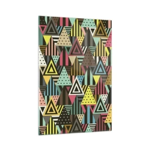 Obraz na szkle - Kolorowy wzór geometryczny z trójkątami i liniami - 80x120cm - W rytmie na trzy - Nowoczesna dekoracja ścienna do salonu i sypialni ARTTOR