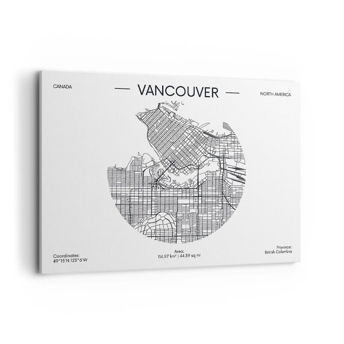 Obraz na płótnie - Mapa Vancouver w minimalistycznym, czarno-białym stylu - 100x70cm - Anatomia Vancouver - Nowoczesna dekoracja ścienna do salonu, kuchni i sypialni ARTTOR