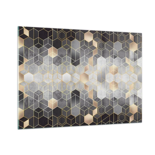 Obraz na szkle - Geometryczny wzór z heksagonów w złotych liniach - 100x70cm - Diamentowa kompozycja - Nowoczesna dekoracja ścienna do salonu, kuchni i sypialni ARTTOR