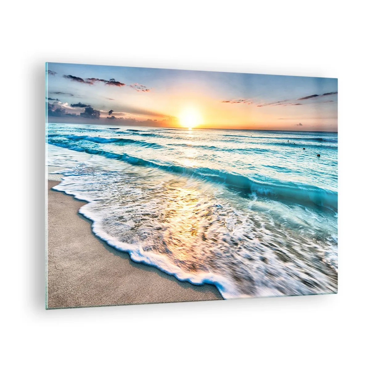 Obraz na szkle - Plaża o poranku z falami i wschodem słońca - 70x50cm - Widok wart zachodu - Nowoczesna dekoracja ścienna do salonu i sypialni ARTTOR