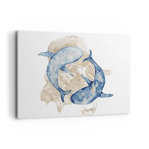 Obraz na płótnie - Abstrakcyjne niebieskie wieloryby na jasnym tle - 120x80cm - Przyjaźń czy kochanie? - Nowoczesna dekoracja ścienna do salonu, kuchni i sypialni ARTTOR