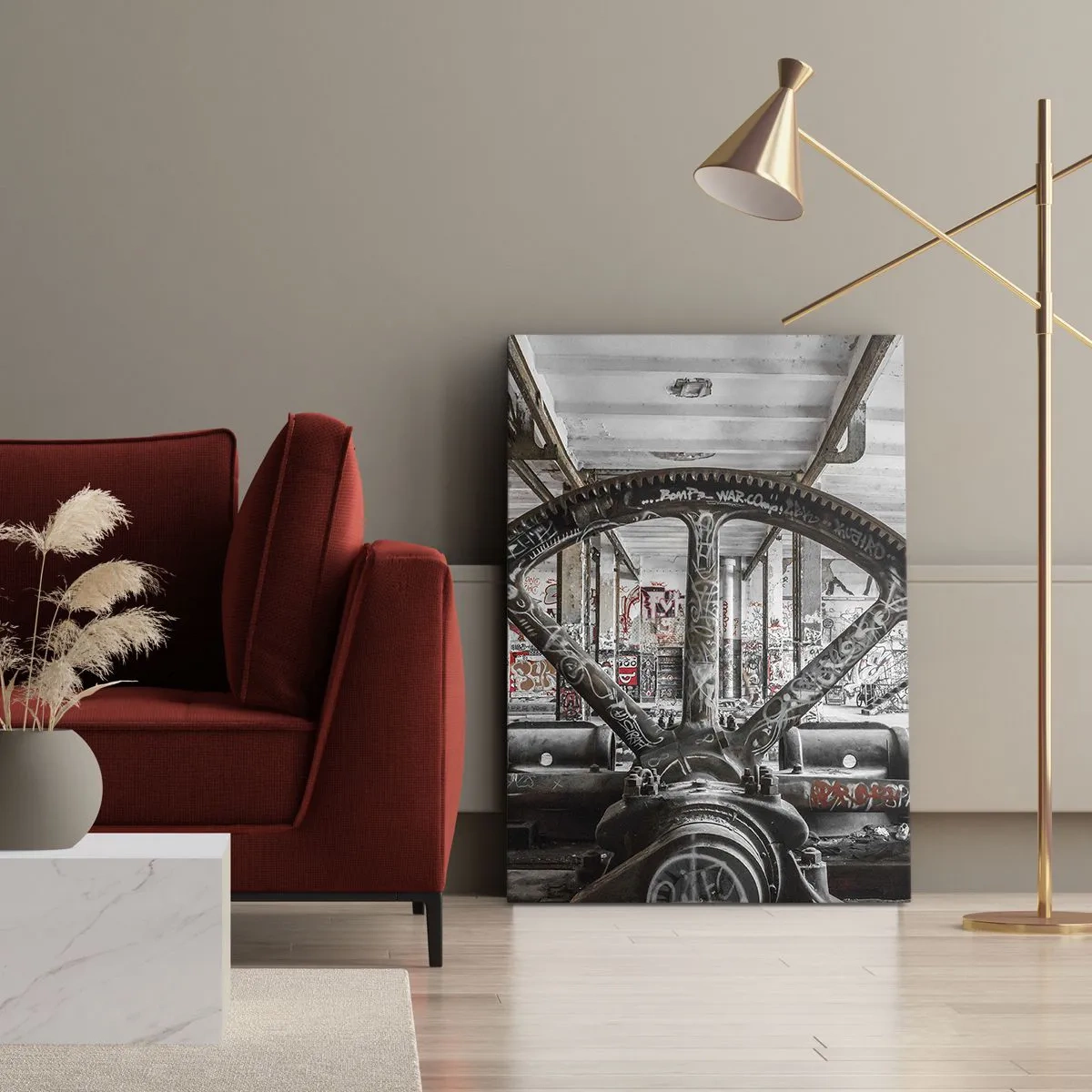 Obraz na płótnie - Stary mechanizm w opuszczonym industrialnym wnętrzu - 70x100cm - Sekretne życie fabryki - Nowoczesna dekoracja ścienna do salonu i sypialni ARTTOR