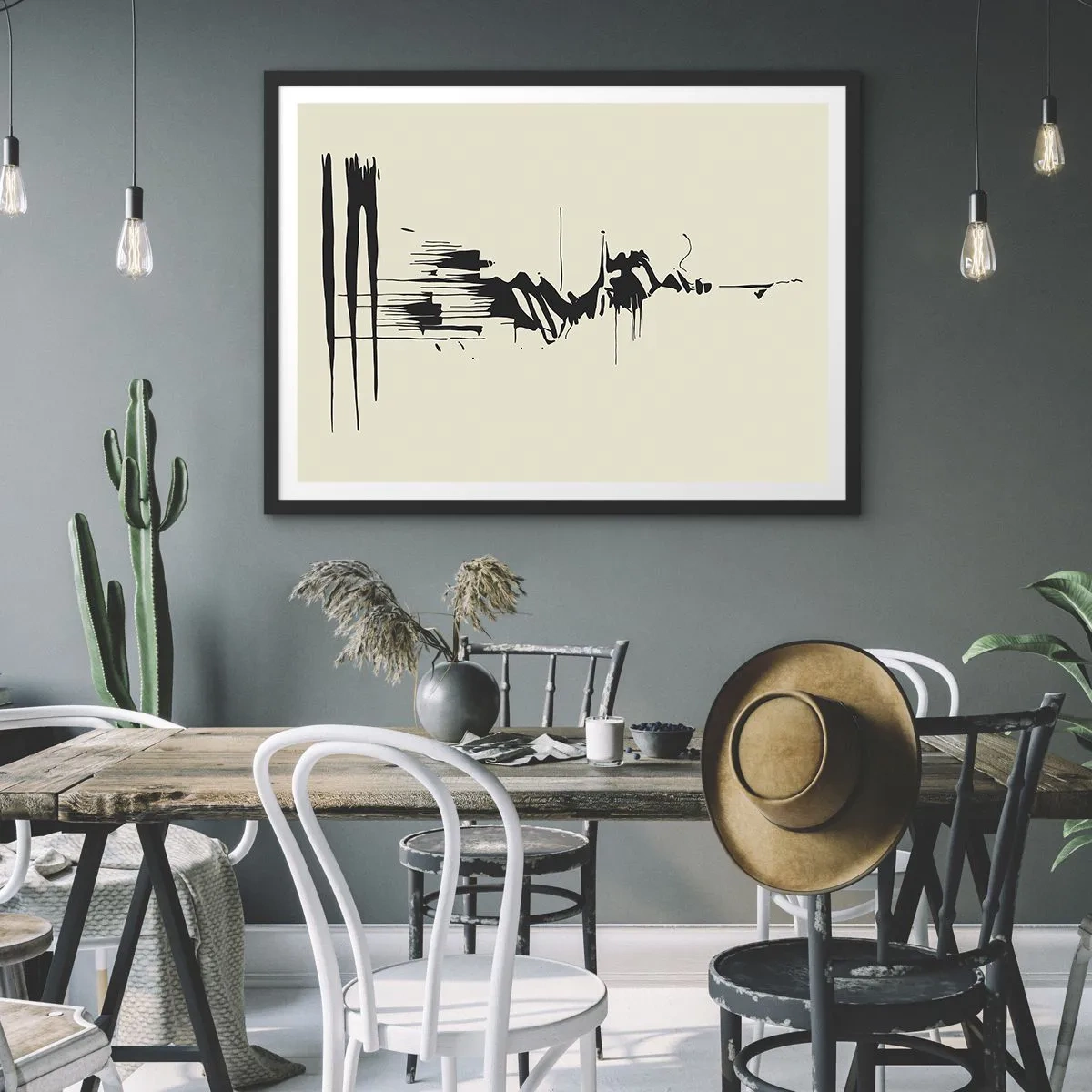 Plakat w czarnej ramie - Minimalistyczna abstrakcja z czarnymi liniami na jasnym tle - 70x50cm - Abstrakcja pośpieszna - Nowoczesna dekoracja ścienna do salonu i sypialni ARTTOR