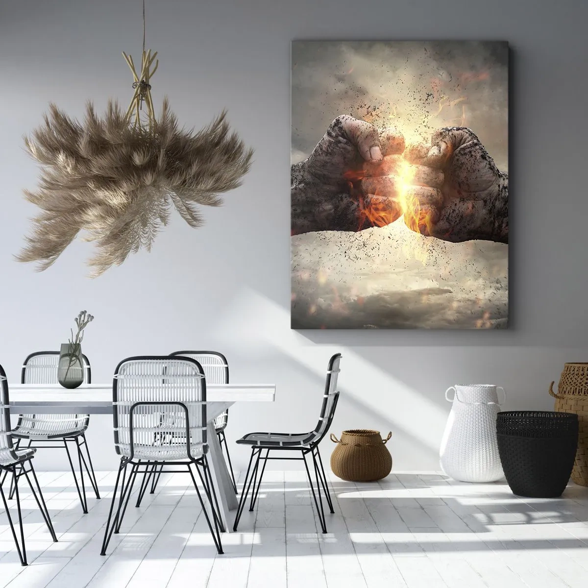Obraz na płótnie - Dwie zaciśnięte pięści z eksplozją ognia - 50x70cm - Stań do walki - Nowoczesna dekoracja ścienna do salonu, kuchni i sypialni ARTTOR