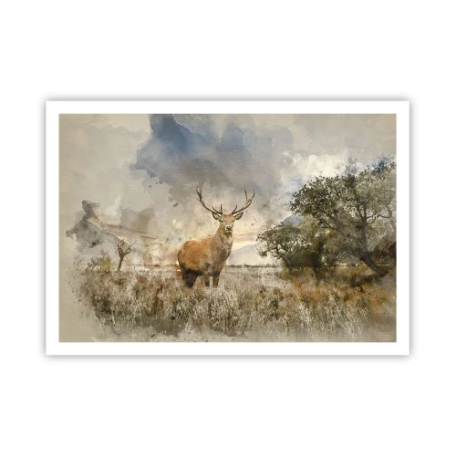 Plakat - Jeleń w naturalnym otoczeniu w akwarelowym stylu - 100x70cm - Godność - siła - dostojeństwo - Nowoczesna dekoracja ścienna do salonu i sypialni ARTTOR
