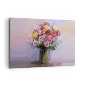 Obraz na płótnie - Bukiet kolorowych róż w szklanym wazonie - 120x80cm - Zatrzymane piękno - Nowoczesna dekoracja ścienna do salonu, kuchni i sypialni ARTTOR
