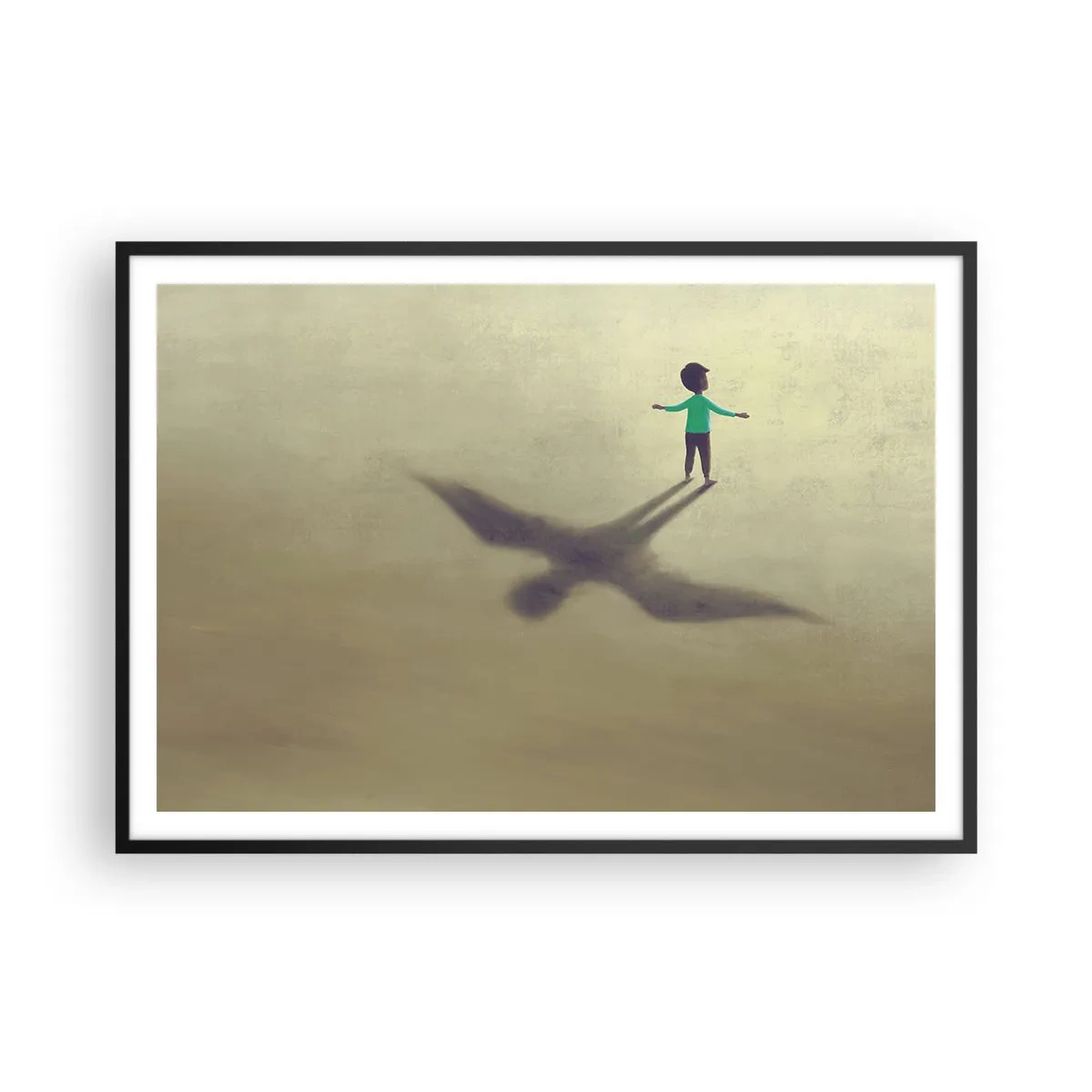 Plakat w czarnej ramie - Symboliczna postać dziecka z cieniem ptaka na tle w ciepłych odcieniach - 100x70cm - Bohater przyszłości - Nowoczesna dekoracja ścienna do salonu i sypialni ARTTOR