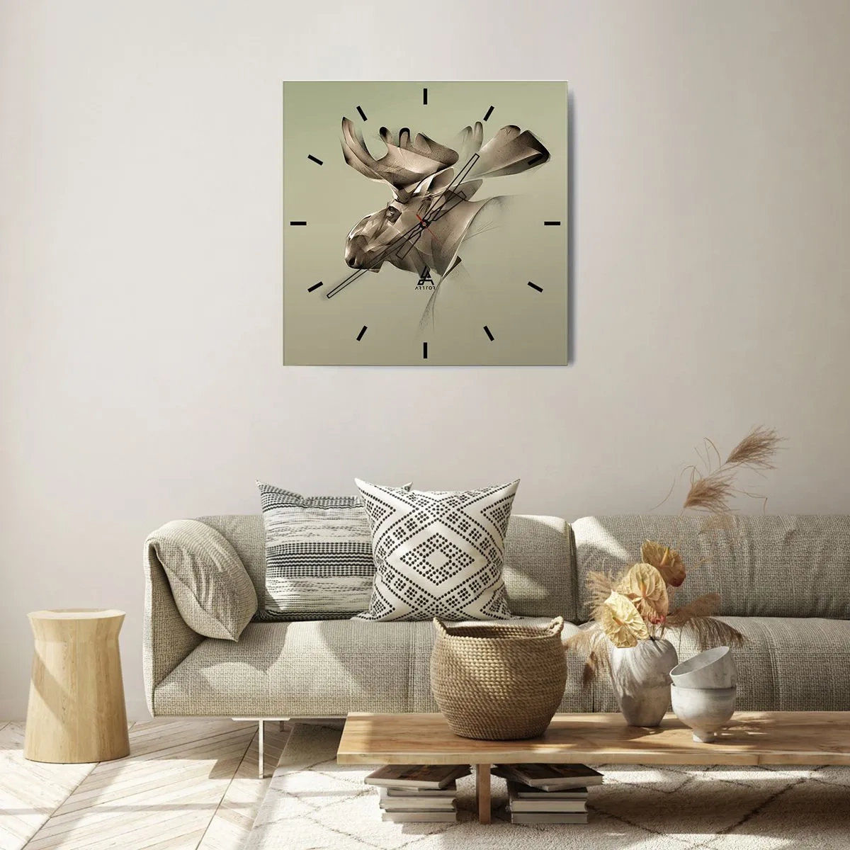 Zegar ścienny - Abstrakcyjny wizerunek łosia na minimalistycznym tle - 30x30cm - Łagodna siła spokoju - Nowoczesna dekoracja ścienna do salonu i sypialni ARTTOR