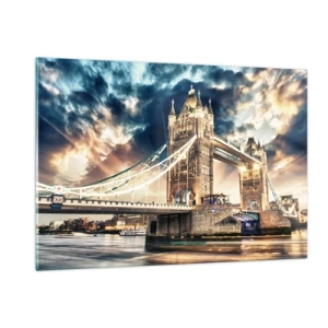 Obraz na szkle - Tower Bridge w Londynie na tle dramatycznego nieba - 120x80cm - Pomnik wiktoriańskiego imperium - Nowoczesna dekoracja ścienna do salonu, kuchni i sypialni ARTTOR