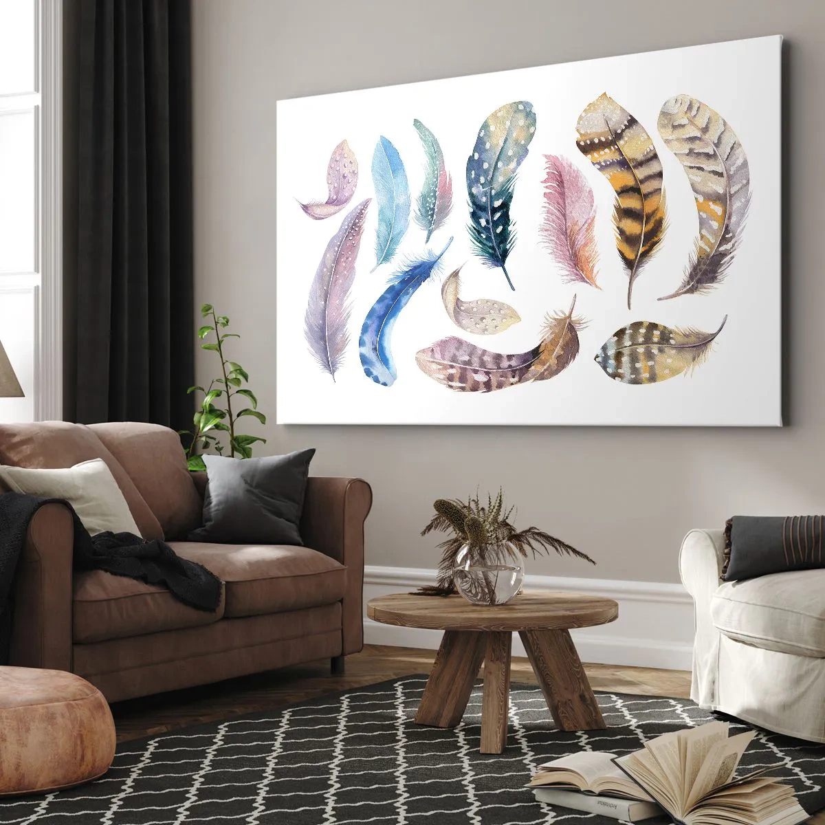 Obraz na płótnie - Kolorowe pióra w delikatnym akwarelowym stylu - 120x80cm - Lekkie, pstrokate i wielobarwne - Nowoczesna dekoracja ścienna do salonu, kuchni i sypialni ARTTOR