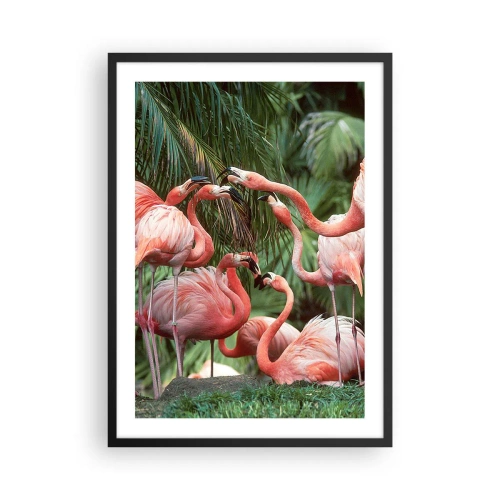 Plakat w czarnej ramie - Różowe flamingi w egzotycznym otoczeniu palm - 50x70cm - Popołudniowe ploteczki - Nowoczesna dekoracja ścienna do salonu i sypialni ARTTOR