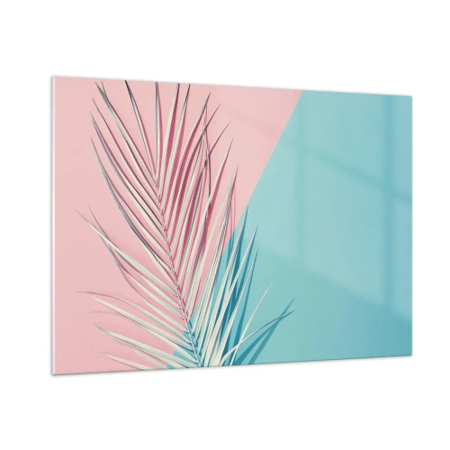 Obraz na szkle - Liść palmy na pastelowym tle w geometrycznej kompozycji - 100x70cm - Tropikalna impresja - Nowoczesna dekoracja ścienna do salonu, kuchni i sypialni ARTTOR