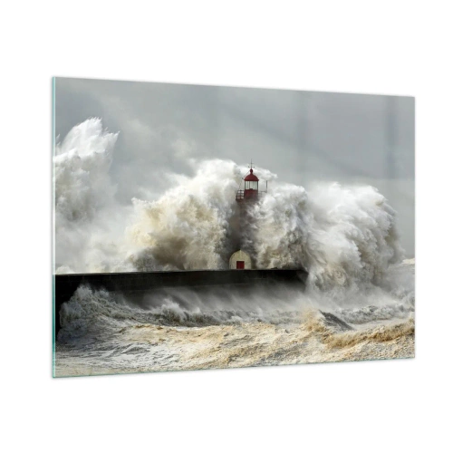 Obraz na szkle - Latarnia morska otoczona potężnymi falami - 100x70cm - Gniew oceanu - Nowoczesna dekoracja ścienna do salonu, kuchni i sypialni ARTTOR