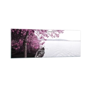 Obraz na szkle - Łódka przy brzegu jeziora wśród różowych drzew - 140x50cm - W różowej ciszy - Nowoczesna dekoracja ścienna do salonu i sypialni ARTTOR