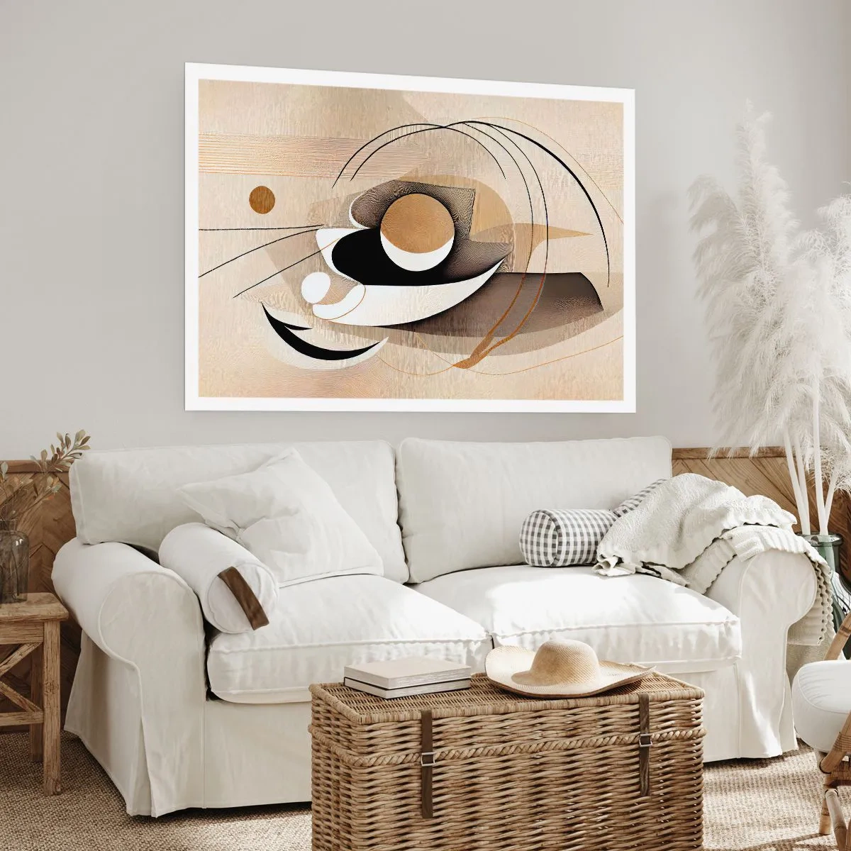 Plakat - Abstrakcyjna kompozycja w odcieniach beżu i czerni - 100x70cm - Kompozycja: istota rzeczy - Nowoczesna dekoracja ścienna do salonu i sypialni ARTTOR