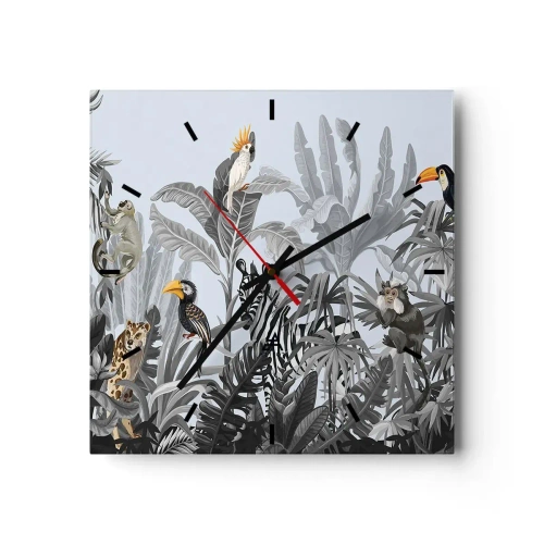 Zegar ścienny - Tropikalna dżungla z egzotycznymi zwierzętami na szarym tle - 30x30cm - Afrykańska bajka - Nowoczesna dekoracja ścienna do salonu i sypialni ARTTOR
