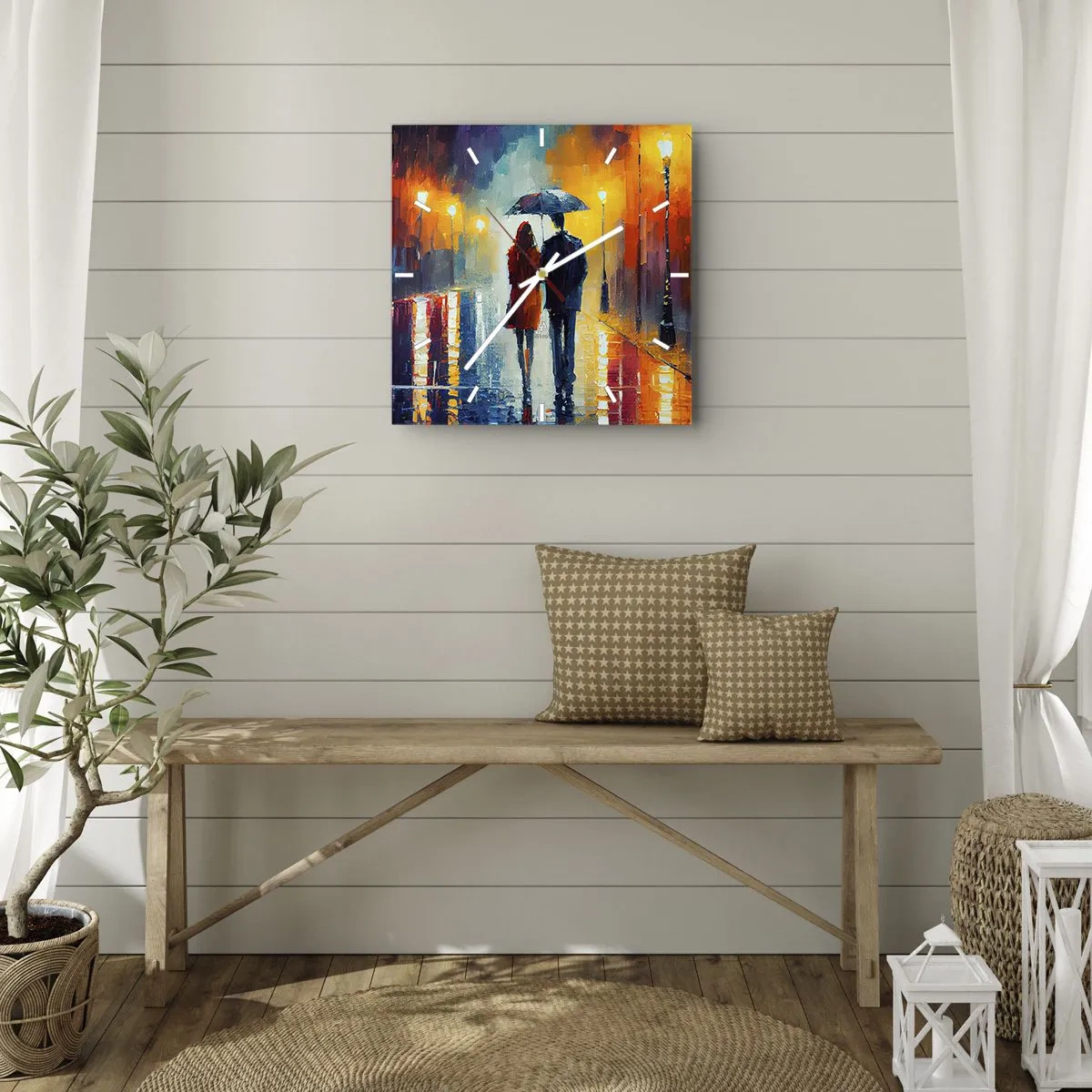Zegar ścienny - Para pod parasolem spacerująca po kolorowym nocnym mieście - 30x30cm - Razem – kolorowa noc - Nowoczesna dekoracja ścienna do salonu i sypialni ARTTOR