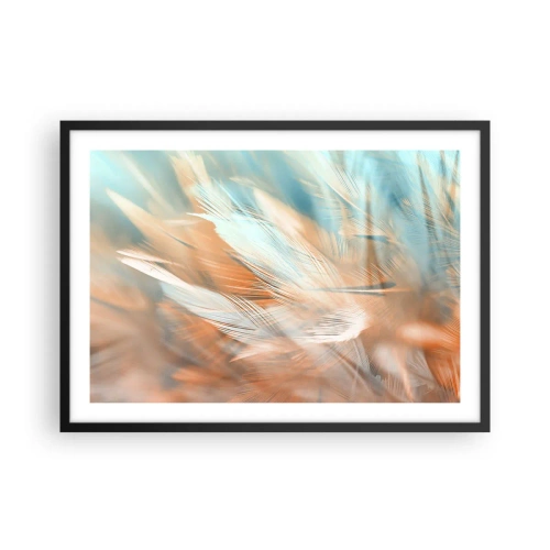 Plakat w czarnej ramie - Delikatne pióra w pastelowych odcieniach błękitu i pomarańczu - 70x50cm - W krainie łagodności - Nowoczesna dekoracja ścienna do salonu i sypialni ARTTOR