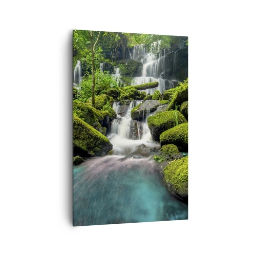 Obraz na płótnie - Tropikalny wodospad otoczony zielenią i turkusową wodą - 80x120cm - Turkus, szafiry i płynne srebro - Nowoczesna dekoracja ścienna do salonu i sypialni ARTTOR