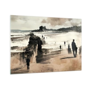Obraz na szkle - Spacerujące sylwetki na szerokiej plaży przy pochmurnym niebie - 100x70cm - Przywołani - Nowoczesna dekoracja ścienna do salonu, kuchni i sypialni ARTTOR