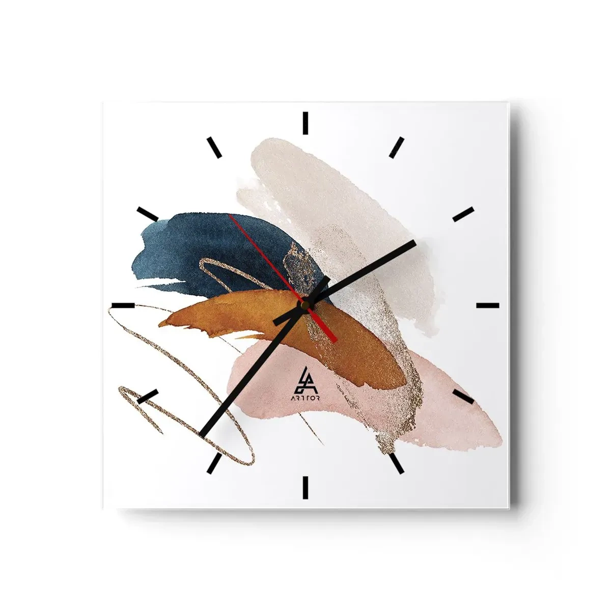 Zegar ścienny - Abstrakcyjne pociągnięcia w pastelowych kolorach z akcentami złota - 30x30cm - Kompozycja uskrzydlona - Nowoczesna dekoracja ścienna do salonu i sypialni ARTTOR
