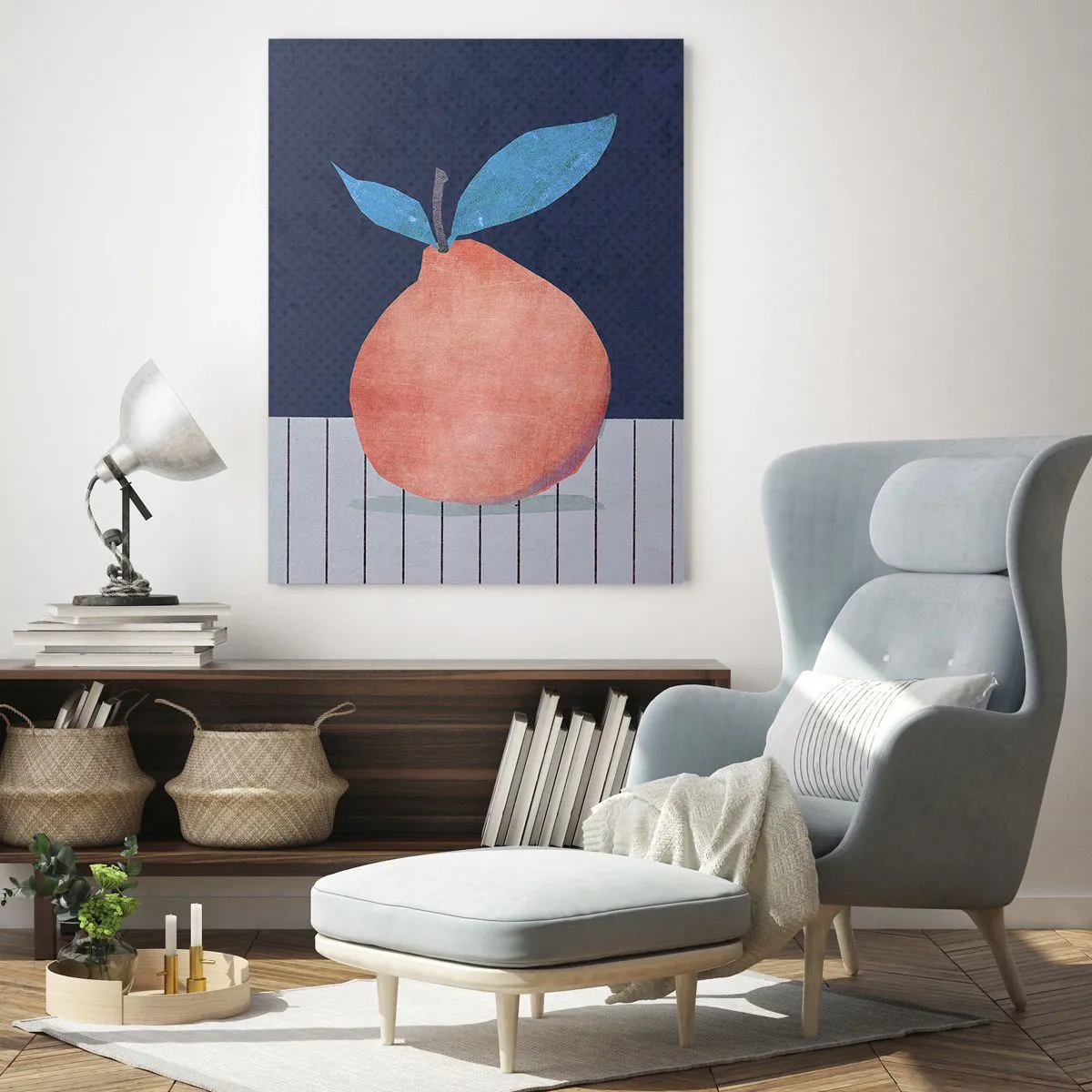 Obraz na szkle - Owoc o abstrakcyjnej formie na tle geometrycznej kompozycji - 50x70cm - Wypukłość i płaszczyzna - Nowoczesna dekoracja ścienna do salonu, kuchni i sypialni ARTTOR