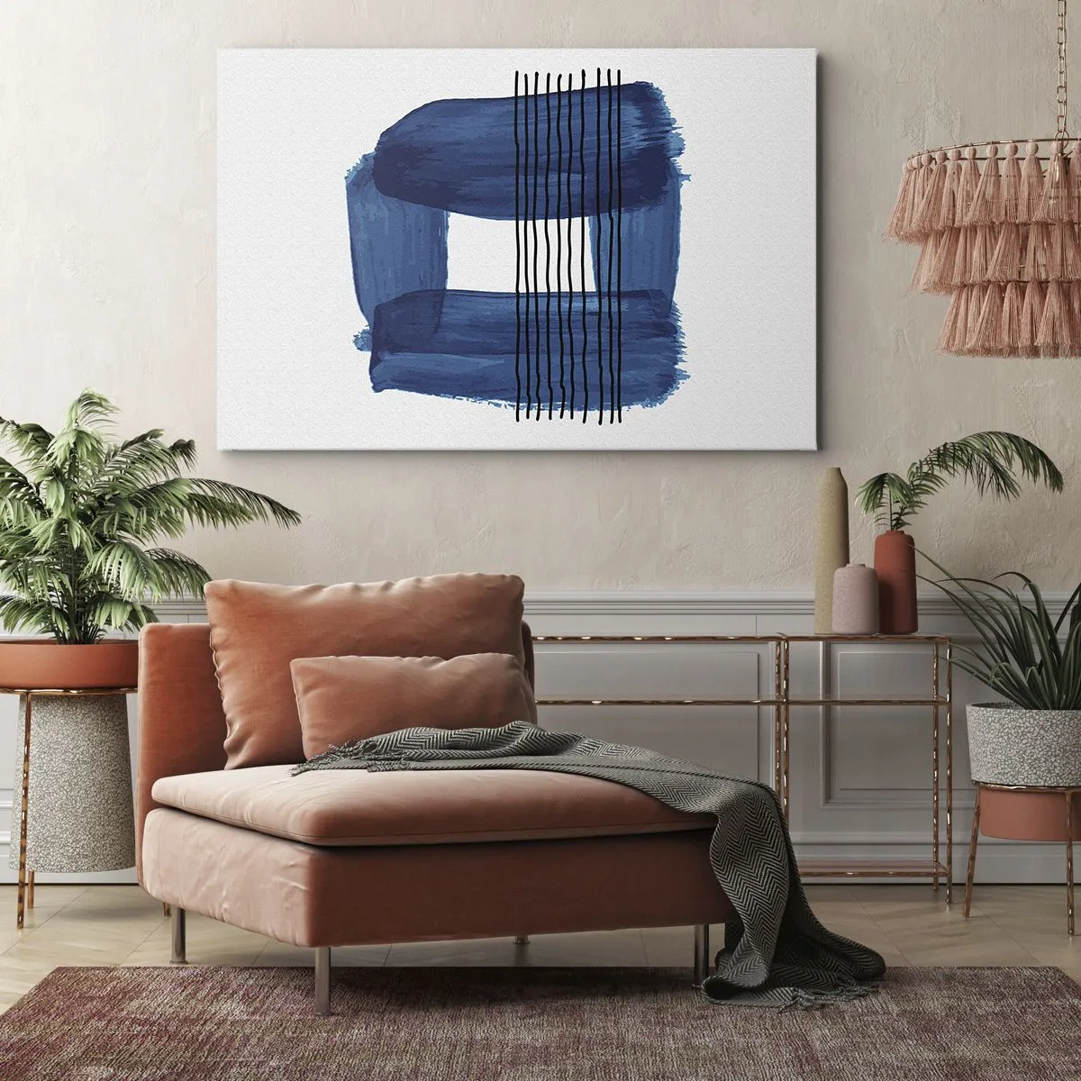 Obraz na płótnie - Niebiesko-czarna kompozycja - Abstrakcyjny wzór w odcieniach błękitu z czarnymi liniami - 70x50cm