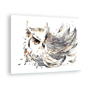 Obraz na szkle - Sowa z artystycznymi piórami w odcieniach pomarańczu i szarości - 70x50cm - Przybyła ze świata magii - Nowoczesna dekoracja ścienna do salonu i sypialni ARTTOR