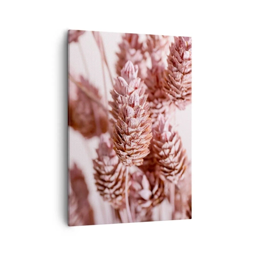 Obraz na płótnie - Zbliżenie na różowe kłosy pszenicy na jasnym tle - 50x70cm - Z pozoru niepozorne - Nowoczesna dekoracja ścienna do salonu, kuchni i sypialni ARTTOR
