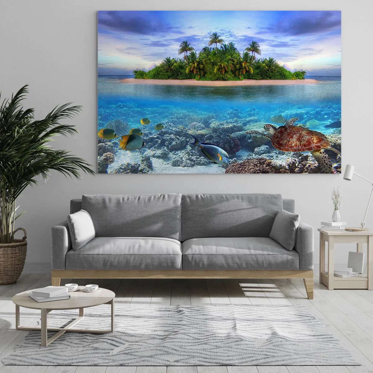 Obraz na szkle - Tropikalna wyspa z rafą koralową i morskimi zwierzętami - 70x50cm - Niebiańska wyspa zaprasza - Nowoczesna dekoracja ścienna do salonu i sypialni ARTTOR