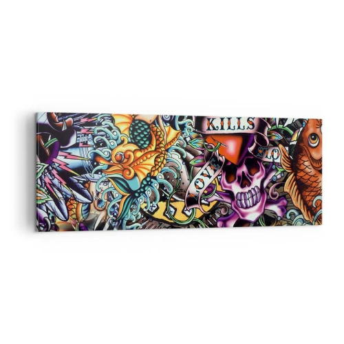 Obraz na płótnie - Kolorowa grafika w stylu tatuażowym z czaszkami i motywami morskimi - 140x50cm - Sen tatuażysty - Nowoczesna dekoracja ścienna do salonu i sypialni ARTTOR