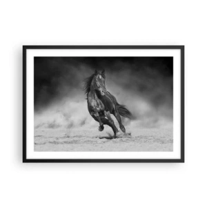Plakat w czarnej ramie - Czarno-biały koń galopujący po piasku - 70x50cm - Godny samego emira - Nowoczesna dekoracja ścienna do salonu i sypialni ARTTOR