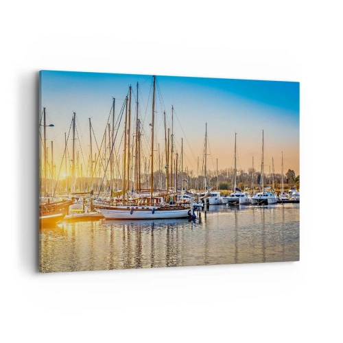 Obraz na płótnie - Zachód słońca nad mariną pełną żaglówek - 120x80cm - Wiatr też musi spać - Nowoczesna dekoracja ścienna do salonu, kuchni i sypialni ARTTOR