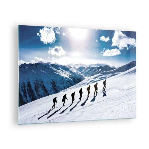 Obraz na szkle - Wspinaczka grupowa na ośnieżonym stoku w górach - 70x50cm - Drużyna zdobywców - Nowoczesna dekoracja ścienna do salonu i sypialni ARTTOR