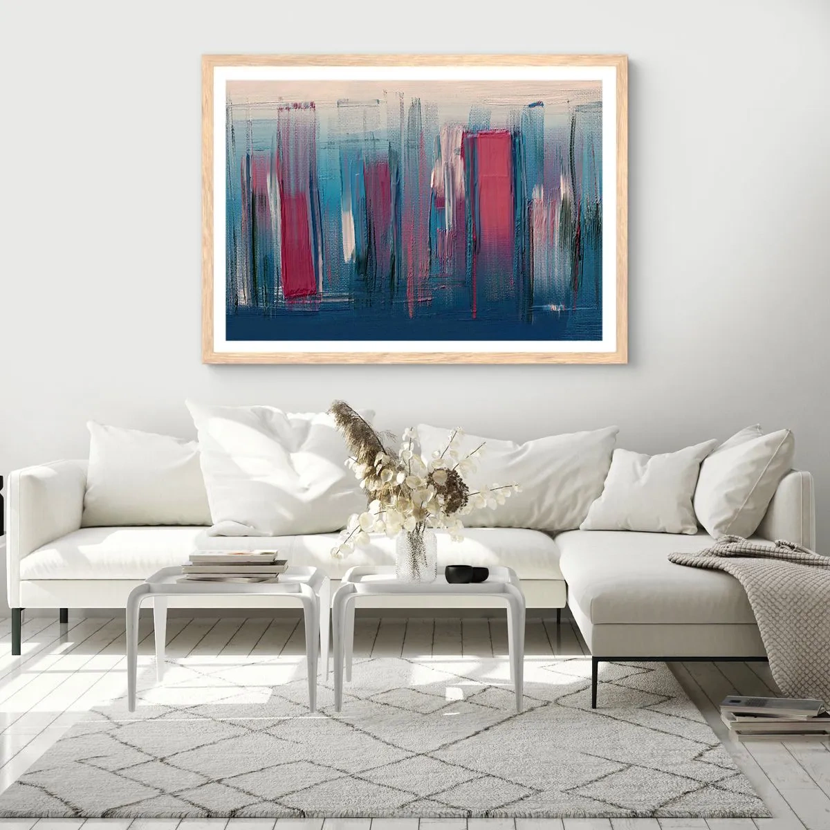 Plakat w ramie jasny dąb - Kompozycja wertykalna w błękicie i czerwieni - 70x50 cm