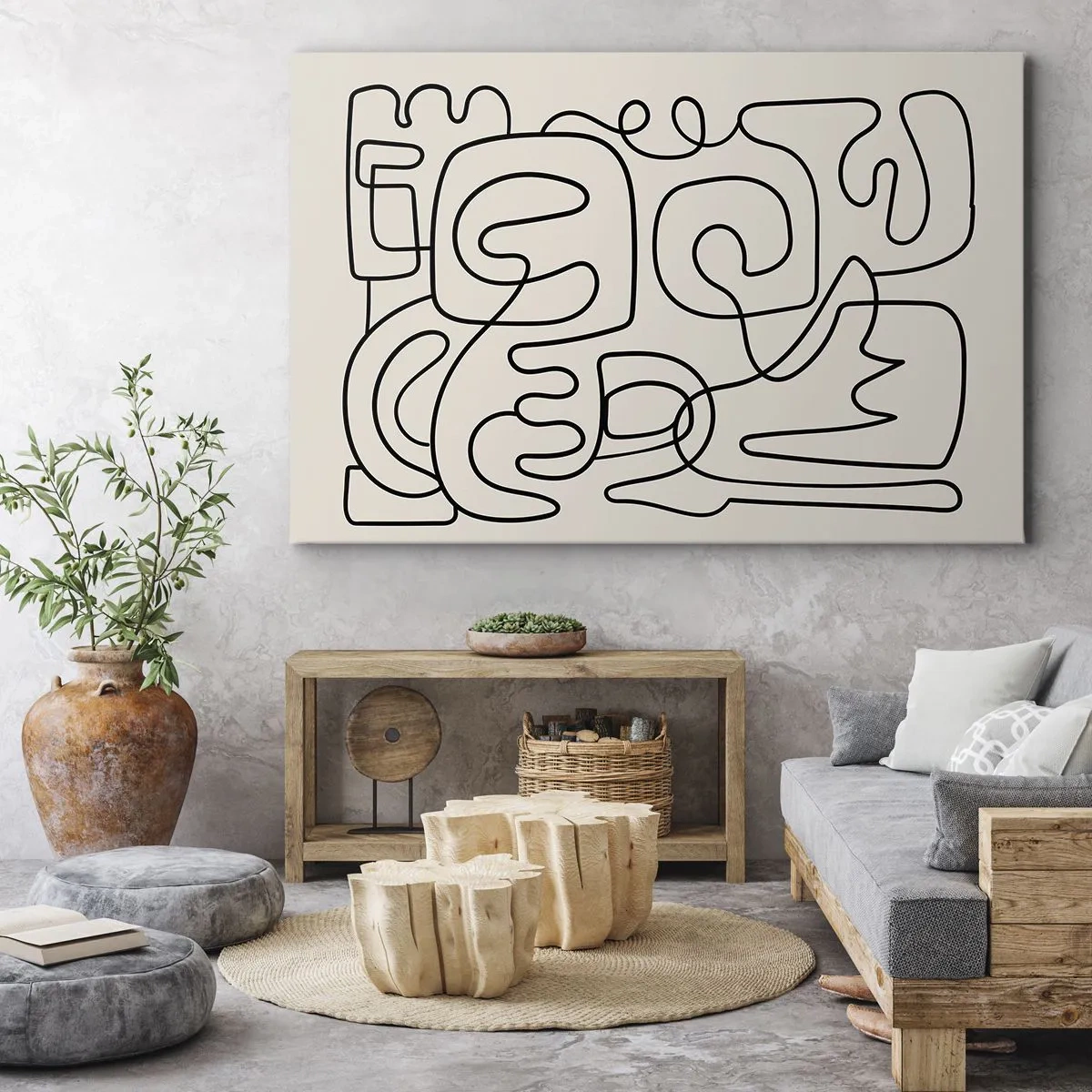 Obraz na płótnie - Abstrakcyjny wzór line art w czerni na jasnym tle - 70x50cm - Po śladzie - Nowoczesna dekoracja ścienna do salonu i sypialni ARTTOR