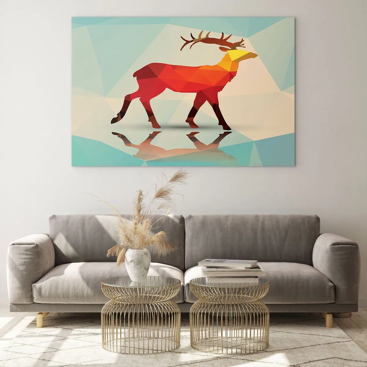 Obraz na szkle - Geometryczny jeleń w kolorowej abstrakcji - 70x50cm - Geometryczny jeleń - Nowoczesna dekoracja ścienna do salonu i sypialni ARTTOR