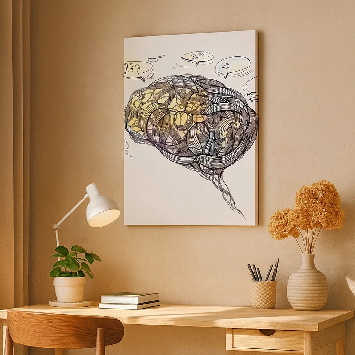 Obraz na płótnie - Abstrakcyjny rysunek mózgu splecionego z linii i myśli - 50x70cm - Człowiek - wielka zagadka - Nowoczesna dekoracja ścienna do salonu, kuchni i sypialni ARTTOR