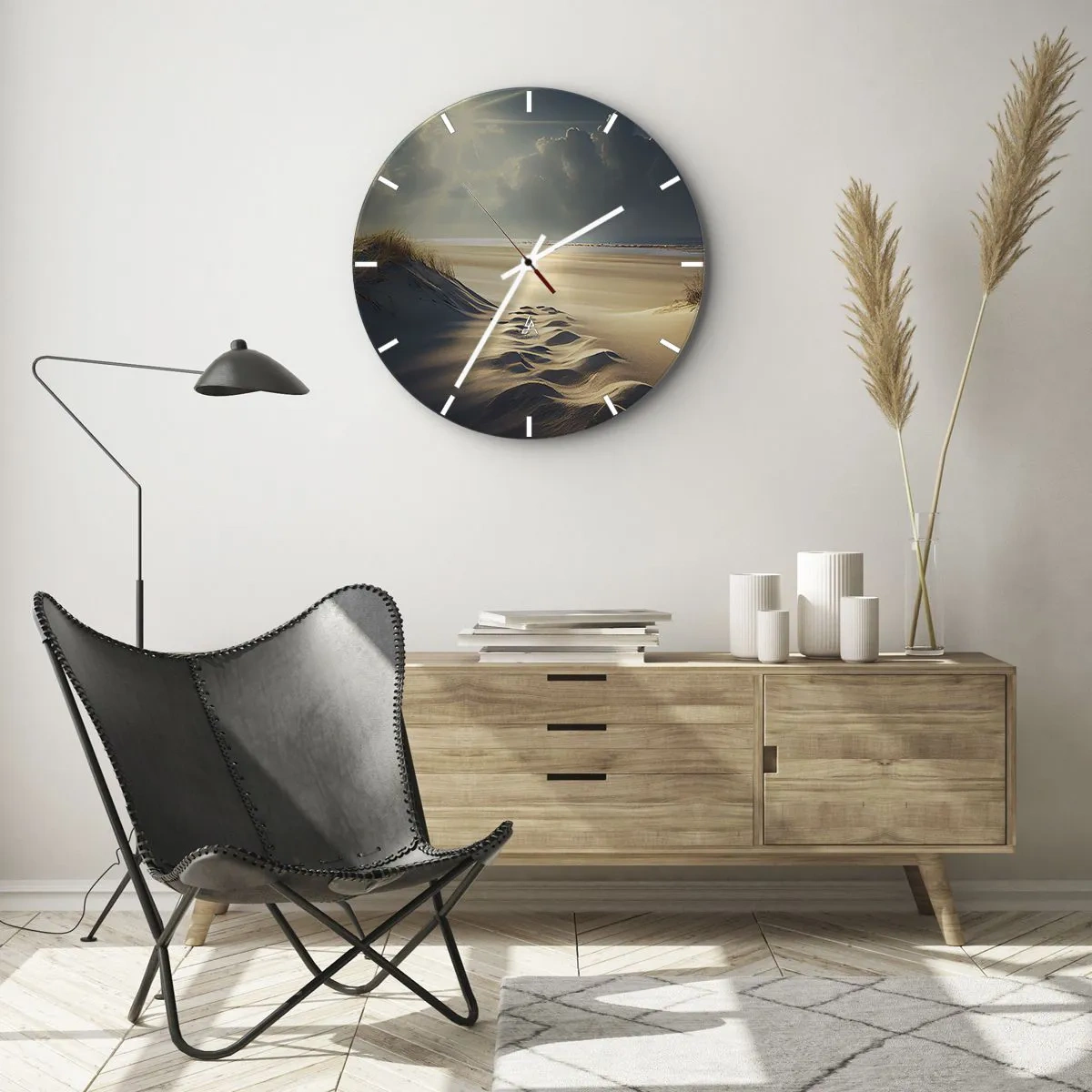 Zegar ścienny - Piaskowe wydmy oświetlone promieniami słońca z widokiem na horyzont - 30x30cm - Kojący pejzaż - Nowoczesna dekoracja ścienna do salonu, kuchni i sypialni ARTTOR