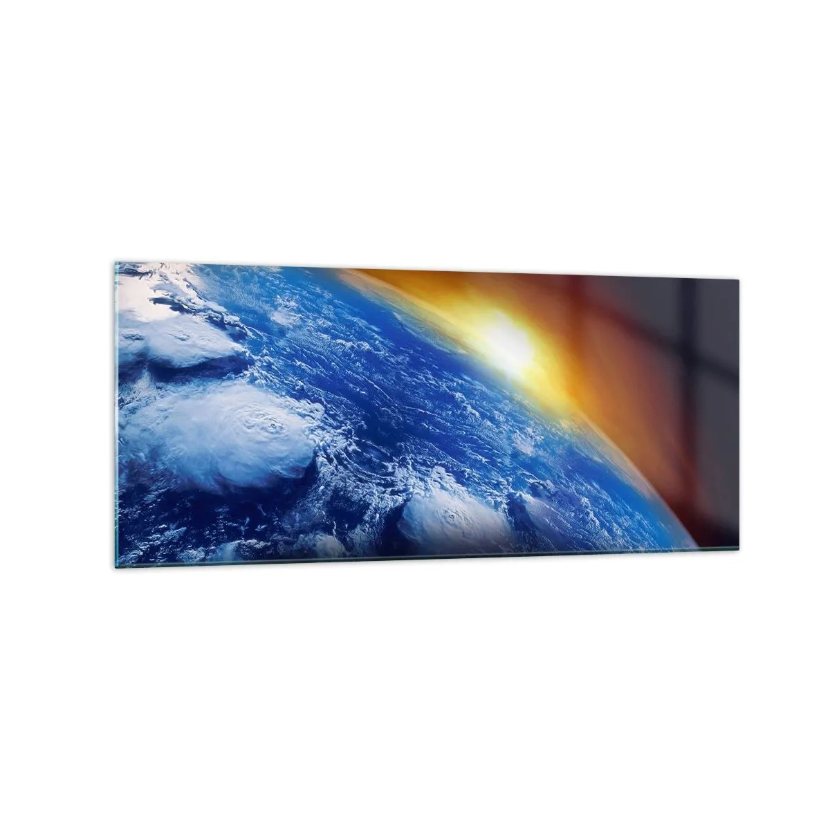 Obraz na szkle - Widok na Ziemię z kosmosu przy zachodzącym słońcu - 120x50cm - Wschód słońca nad błękitną planetą - Nowoczesna dekoracja ścienna do salonu i sypialni ARTTOR
